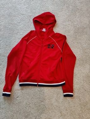 Red Hooded Zip-Up Jacket with Number '22' Detail. Cute. Perfect for Spring!